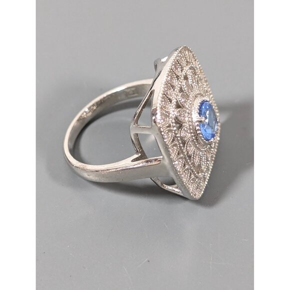 Edwardian Style Blue Rhinestone Square Pave Cocktail Ring Size 9 Statement Silve - Picture 2 of 10
